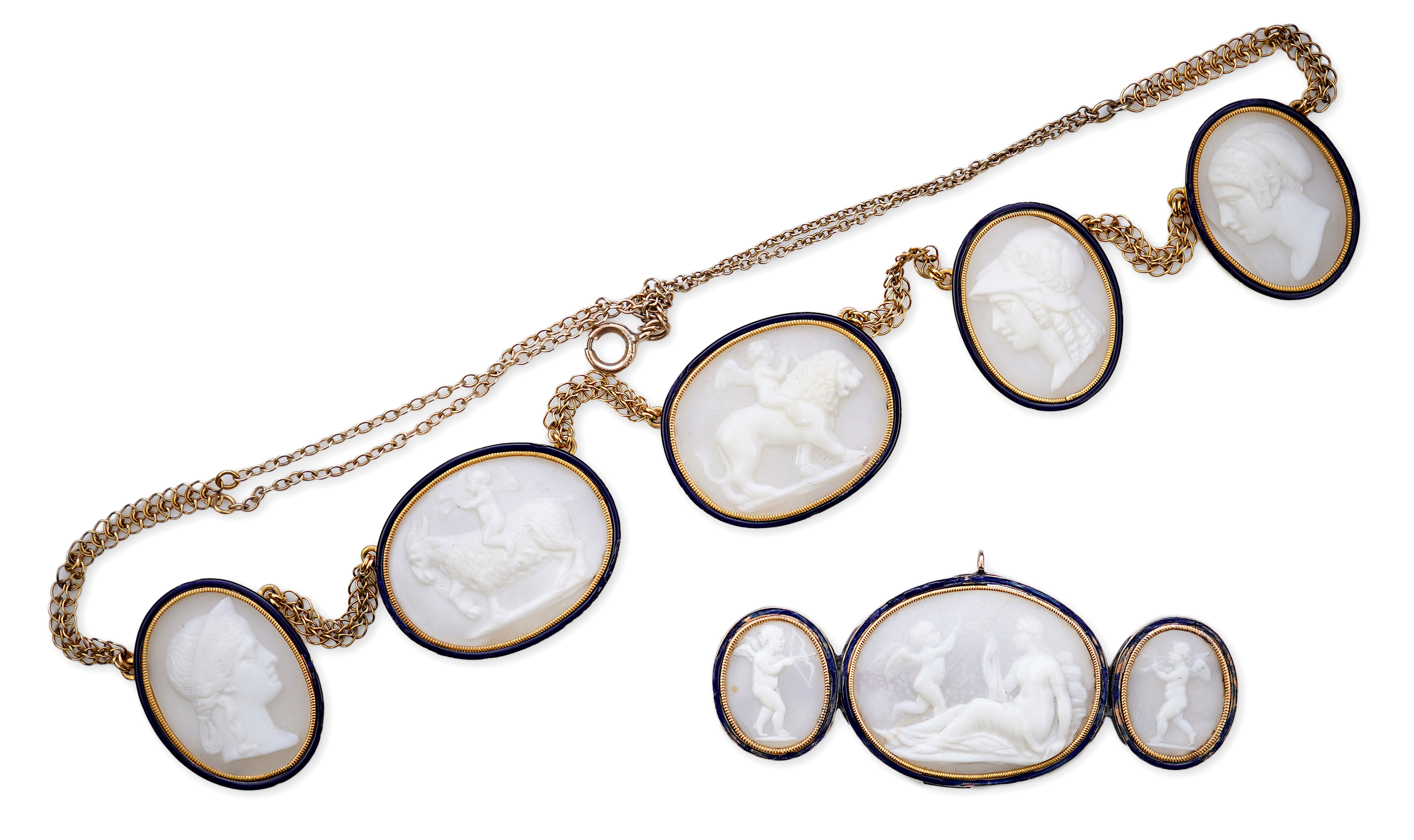 A rare early George III shell cameo and enamel brooch and necklace, early 19th century and later